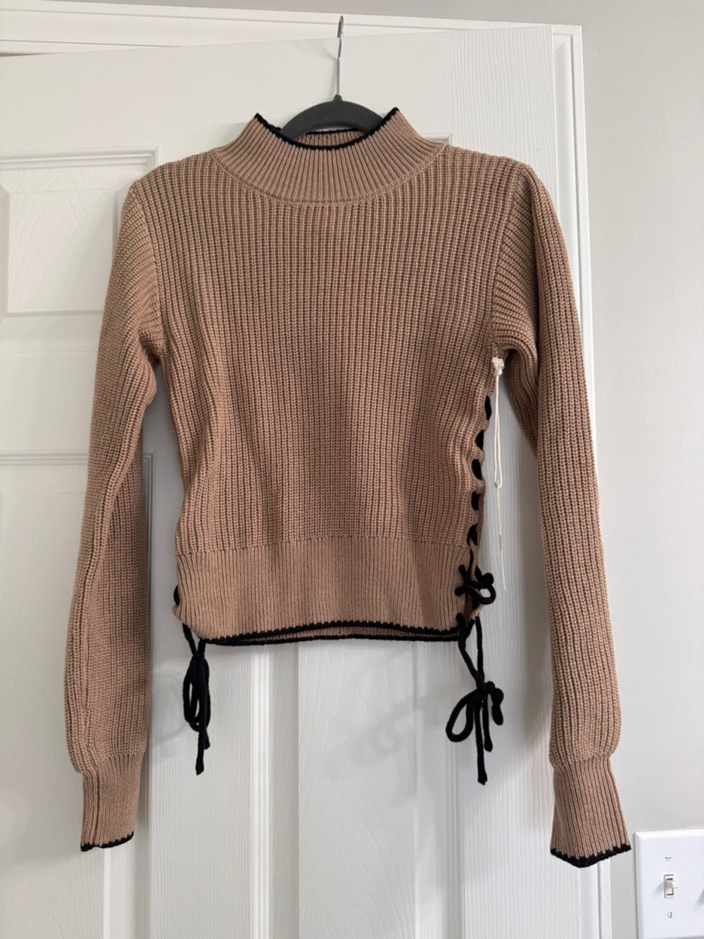 Vintage Havana Taupe Ribbed Turtleneck Sweater with Black Trim